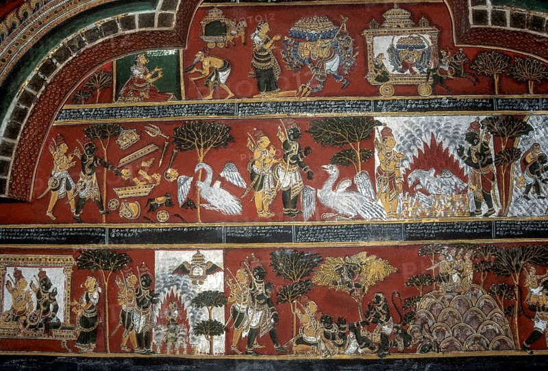 18th century Ramayana epic murals fresco painting on Bodi Zamin palace walls in Bodinayakanur