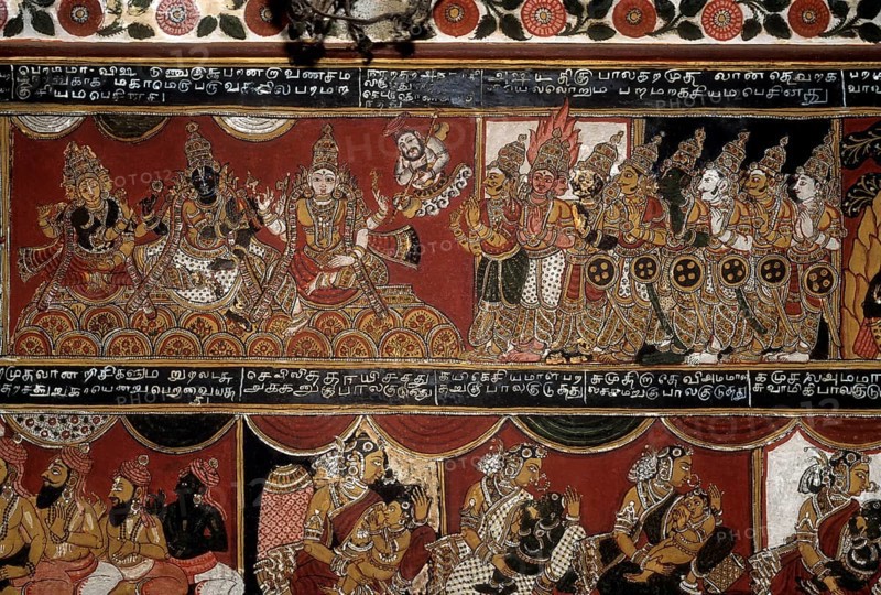 18th century Ramayana epic murals fresco painting on Bodi Zamin palace walls in Bodinayakanur