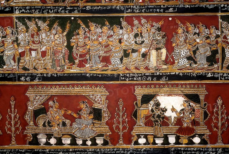 18th century Ramayana epic murals fresco painting on Bodi Zamin palace walls in Bodinayakanur
