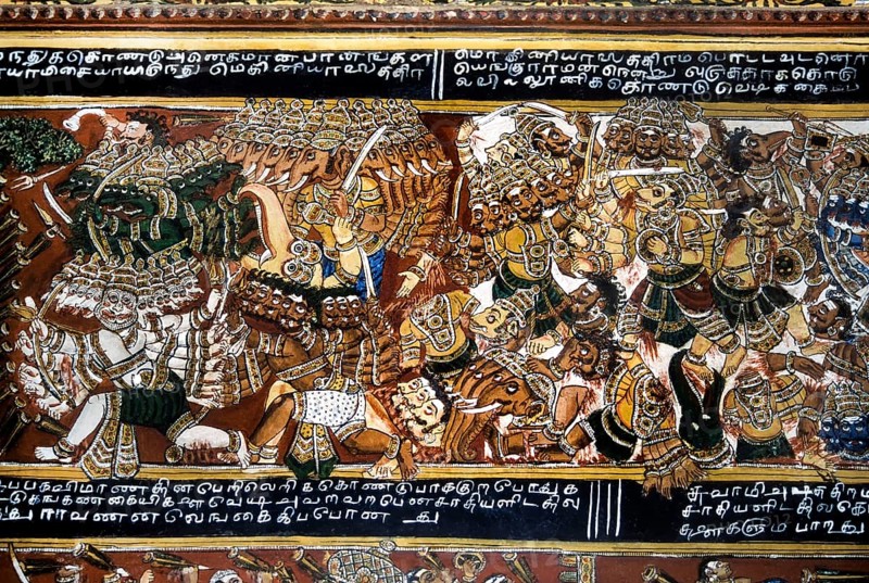 18th century Ramayana epic murals fresco painting on Bodi Zamin palace walls in Bodinayakanur