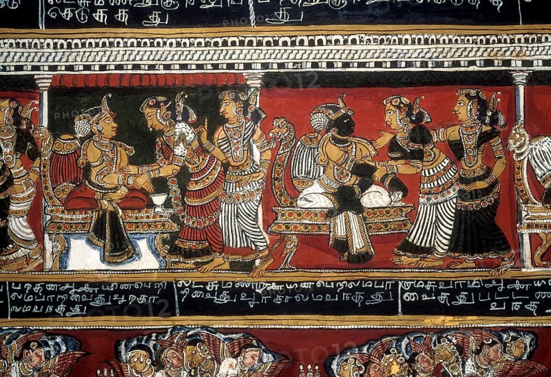 18th century Ramayana epic murals fresco painting on Bodi Zamin palace walls in Bodinayakanur