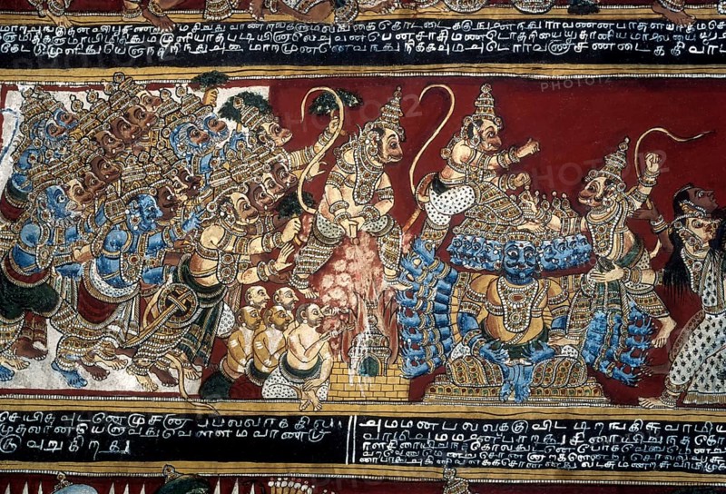 18th century Ramayana epic murals fresco painting on Bodi Zamin palace walls in Bodinayakanur