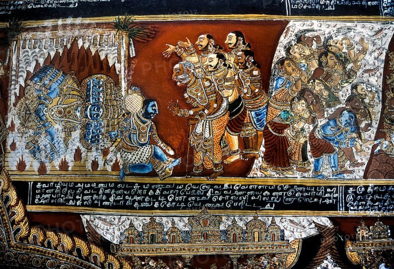18th century Ramayana epic murals fresco painting on Bodi Zamin palace walls in Bodinayakanur
