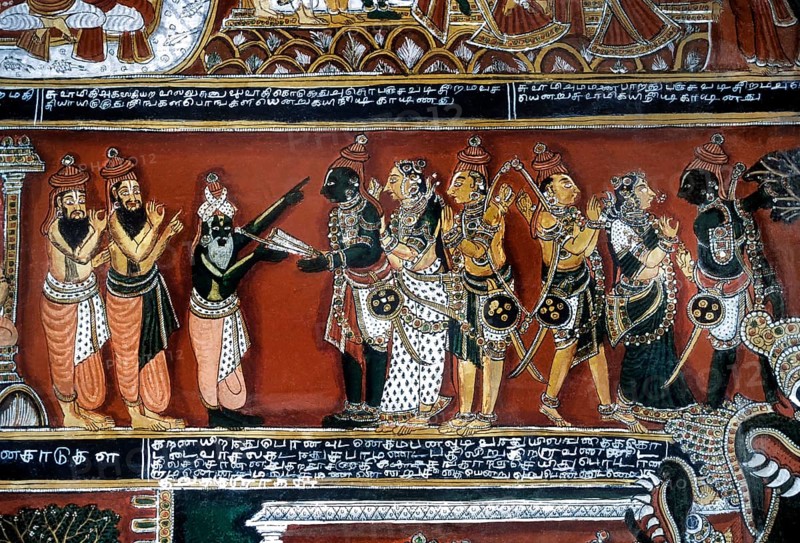 18th century Ramayana epic murals fresco painting on Bodi Zamin palace walls in Bodinayakanur