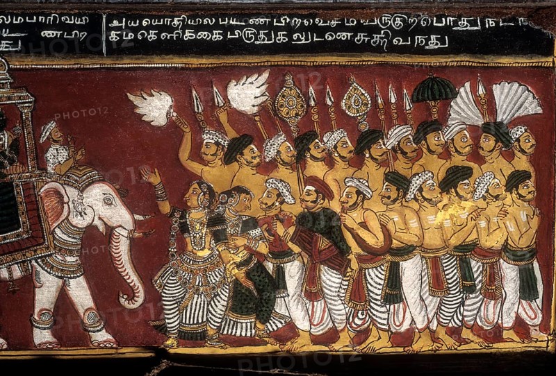 18th century Ramayana epic murals fresco painting on Bodi Zamin palace walls in Bodinayakanur
