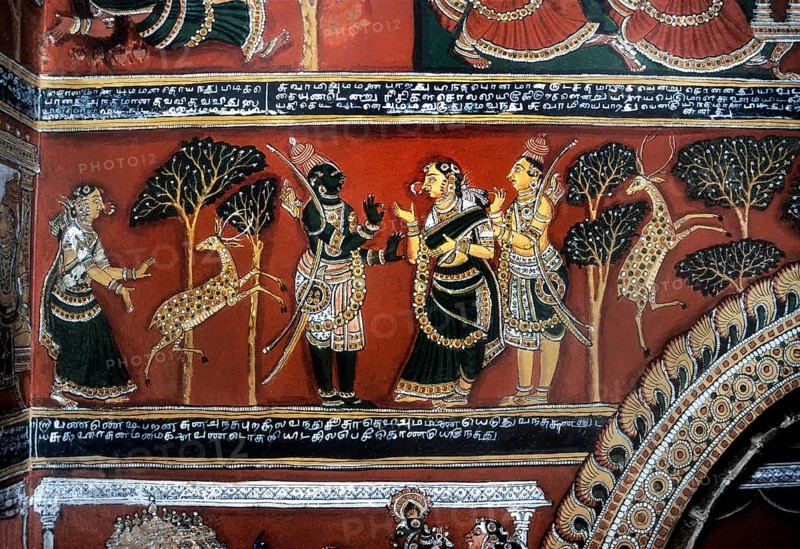 18th century Ramayana epic murals fresco painting on Bodi Zamin palace walls in Bodinayakanur