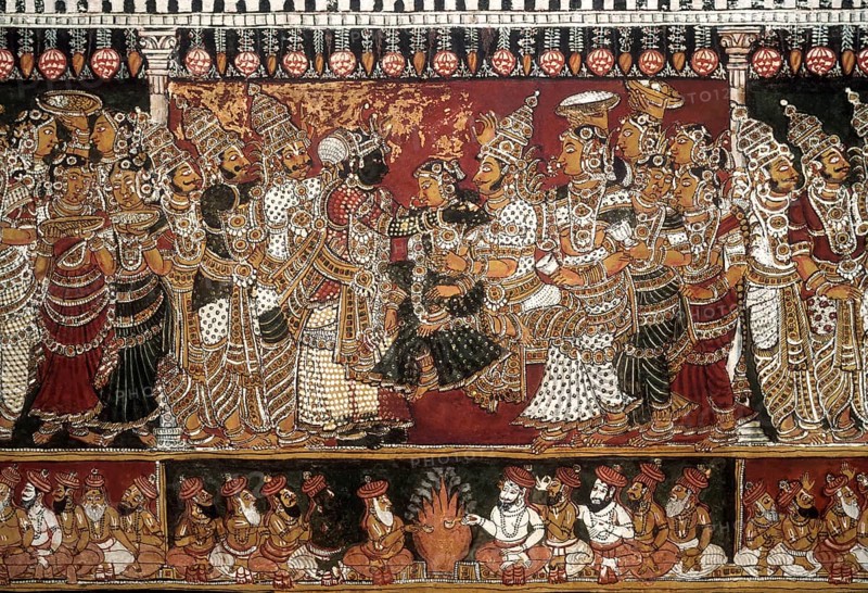 18th century Ramayana epic murals fresco painting on Bodi Zamin palace walls in Bodinayakanur