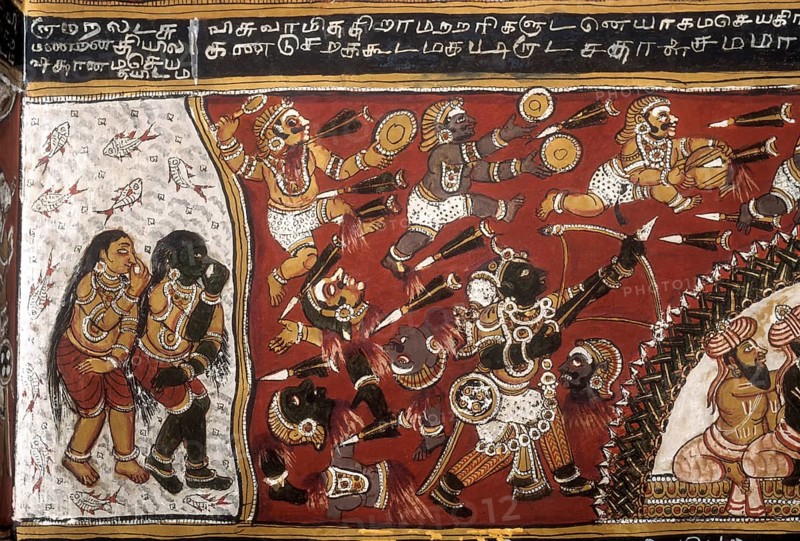 18th century Ramayana epic murals fresco painting on Bodi Zamin palace walls in Bodinayakanur