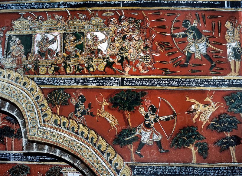 18th century Ramayana epic murals fresco painting on Bodi Zamin palace walls in Bodinayakanur