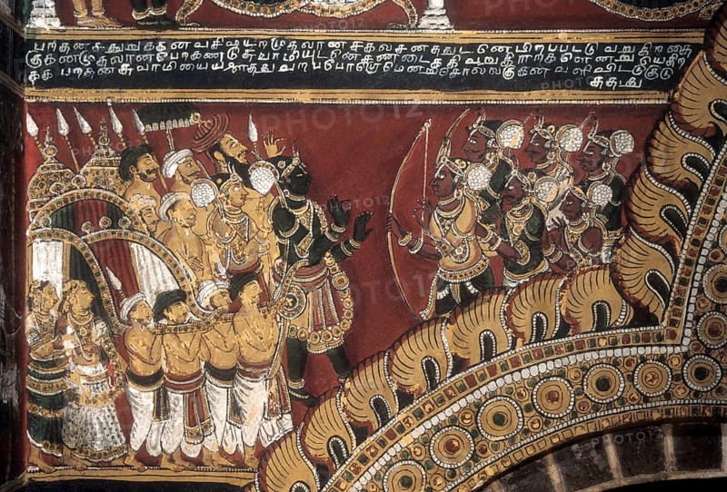 18th century Ramayana epic murals fresco painting on Bodi Zamin palace walls in Bodinayakanur