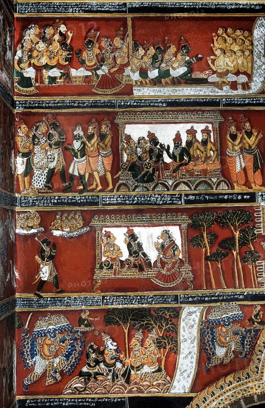 18th century Ramayana epic murals fresco painting on Bodi Zamin palace walls in Bodinayakanur