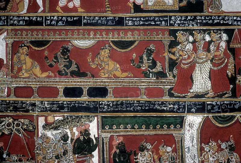 18th century Ramayana epic murals fresco painting on Bodi Zamin palace walls in Bodinayakanur