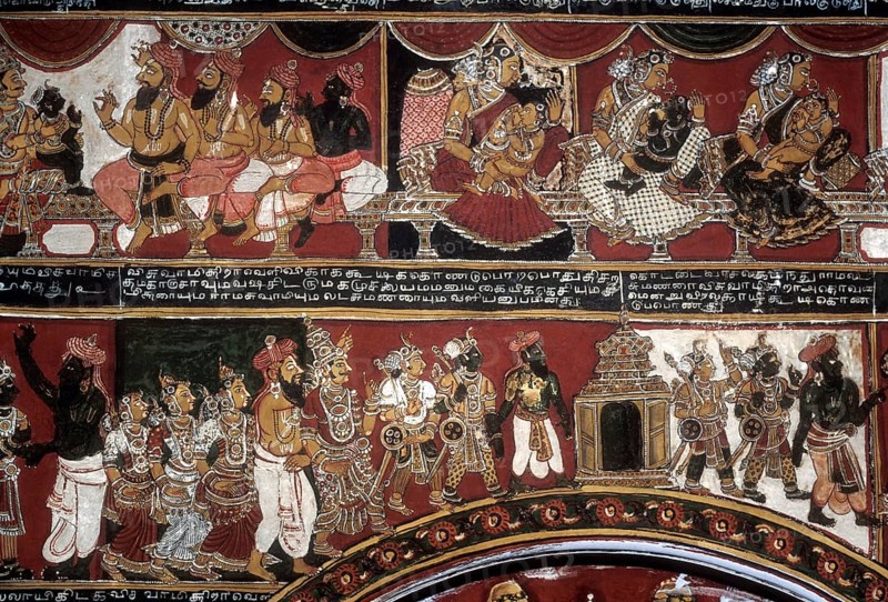 18th century Ramayana epic murals fresco painting on Bodi Zamin palace walls in Bodinayakanur