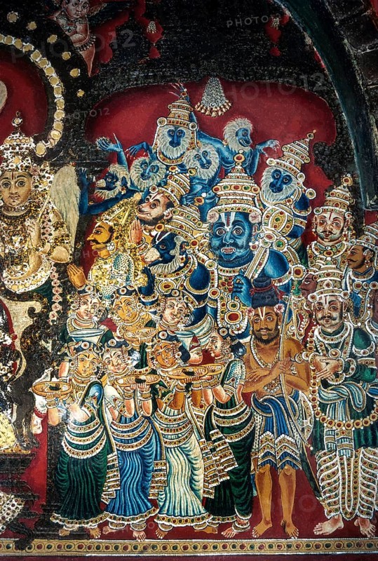 18th century Ramayana epic murals fresco painting on Bodi Zamin palace walls in Bodinayakanur