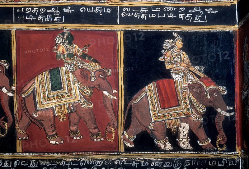 18th century Ramayana epic murals fresco painting on Bodi Zamin palace walls in Bodinayakanur