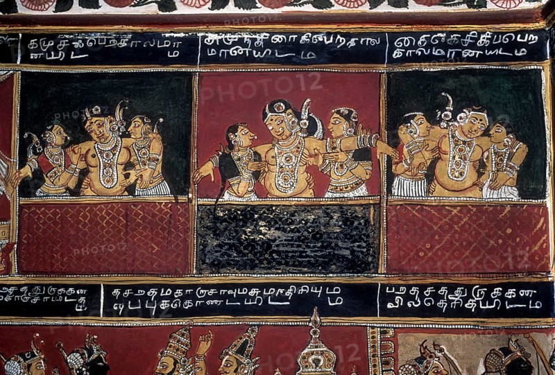 18th century Ramayana epic murals fresco painting on Bodi Zamin palace walls in Bodinayakanur