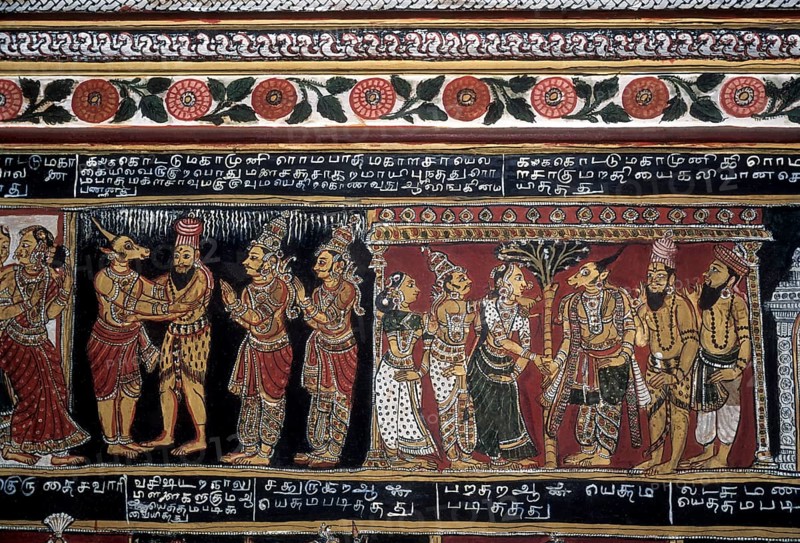 18th century Ramayana epic murals fresco painting on Bodi Zamin palace walls in Bodinayakanur