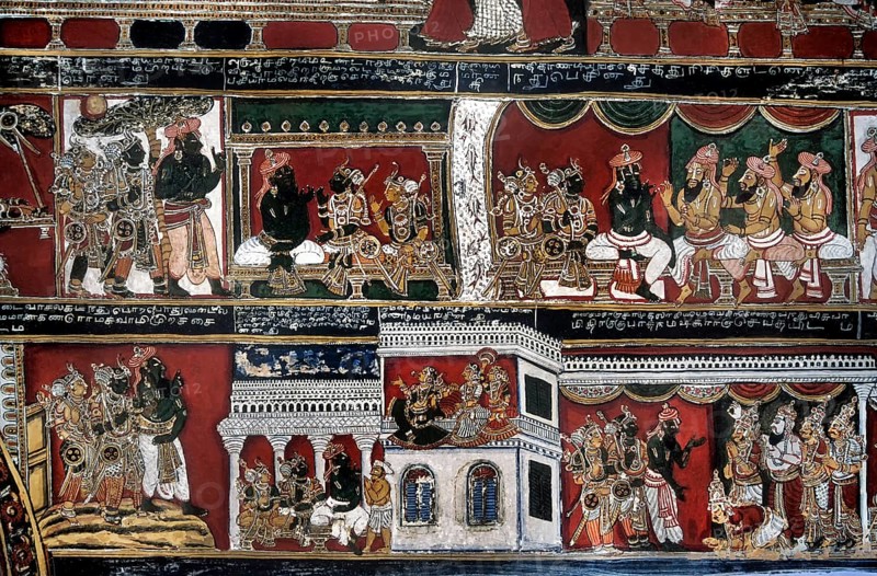 18th century Ramayana epic murals fresco painting on Bodi Zamin palace walls in Bodinayakanur