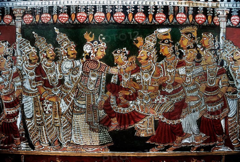 18th century Ramayana epic murals fresco painting on Bodi Zamin palace walls in Bodinayakanur