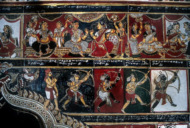 18th century Ramayana epic murals fresco painting on Bodi Zamin palace walls in Bodinayakanur