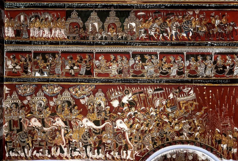 18th century Ramayana epic murals fresco painting on Bodi Zamin palace walls in Bodinayakanur