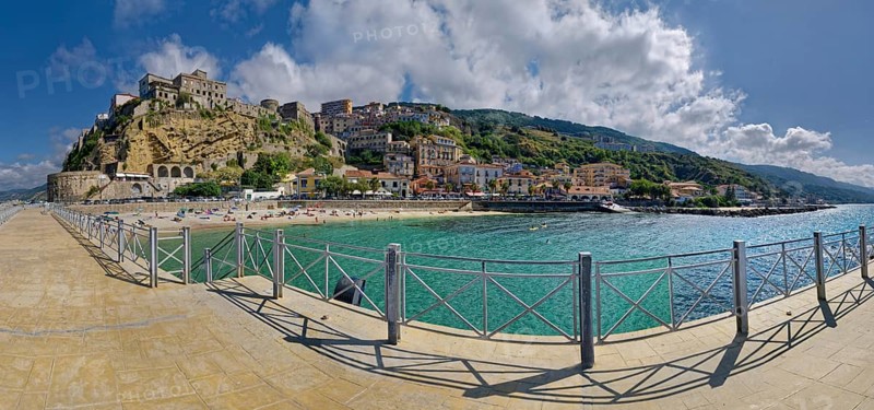 Panorama on the harbour promenade of Pizzo with town view and the medieval castle of Murat