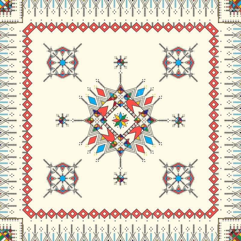 Decorative geometric repeating pattern inspired by Al-Qatt Al-Asiri traditional paintings