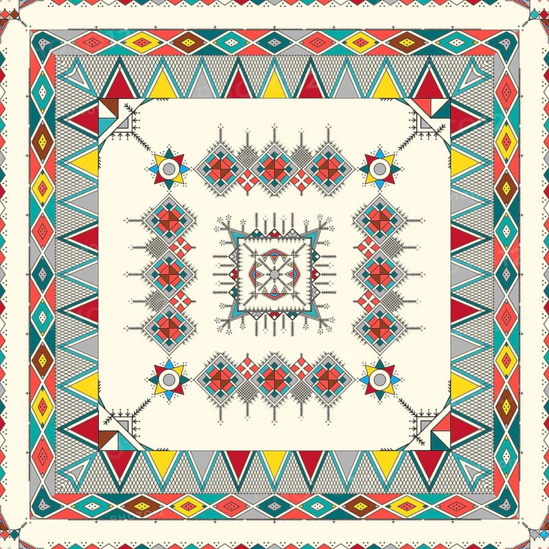 Decorative geometric repeating pattern inspired by Al-Qatt Al-Asiri traditional paintings