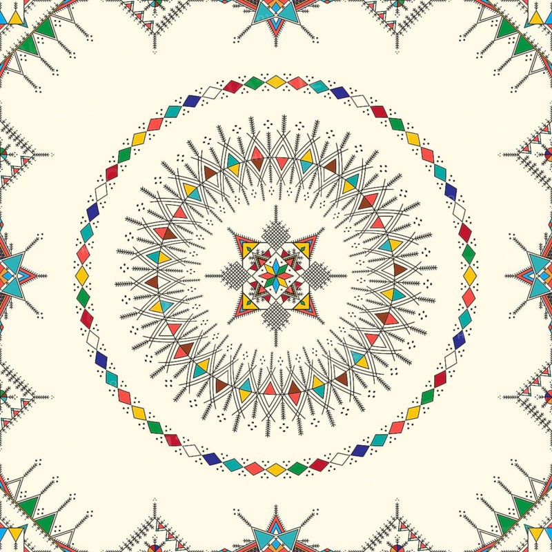 Decorative geometric repeating pattern inspired by Al-Qatt Al-Asiri traditional paintings