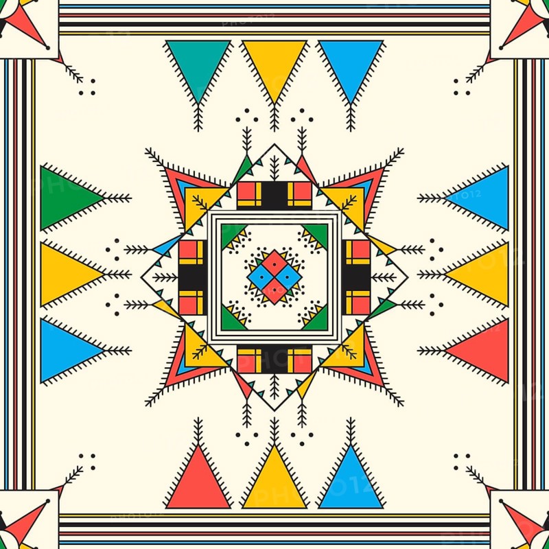 Decorative geometric repeating pattern inspired by Al-Qatt Al-Asiri traditional paintings