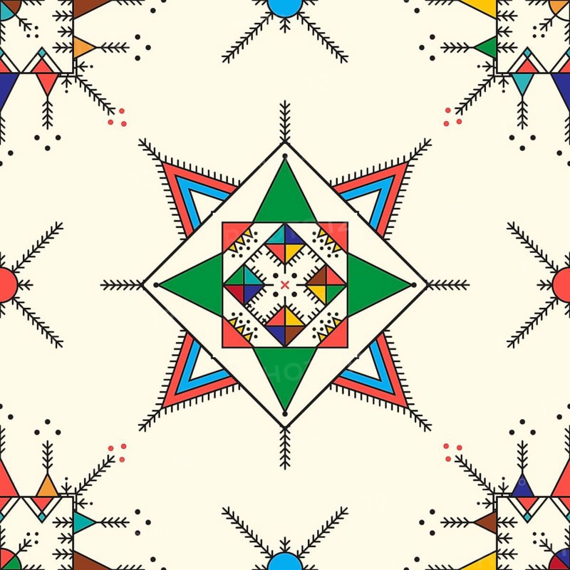 Decorative geometric repeating pattern inspired by Al-Qatt Al-Asiri traditional paintings