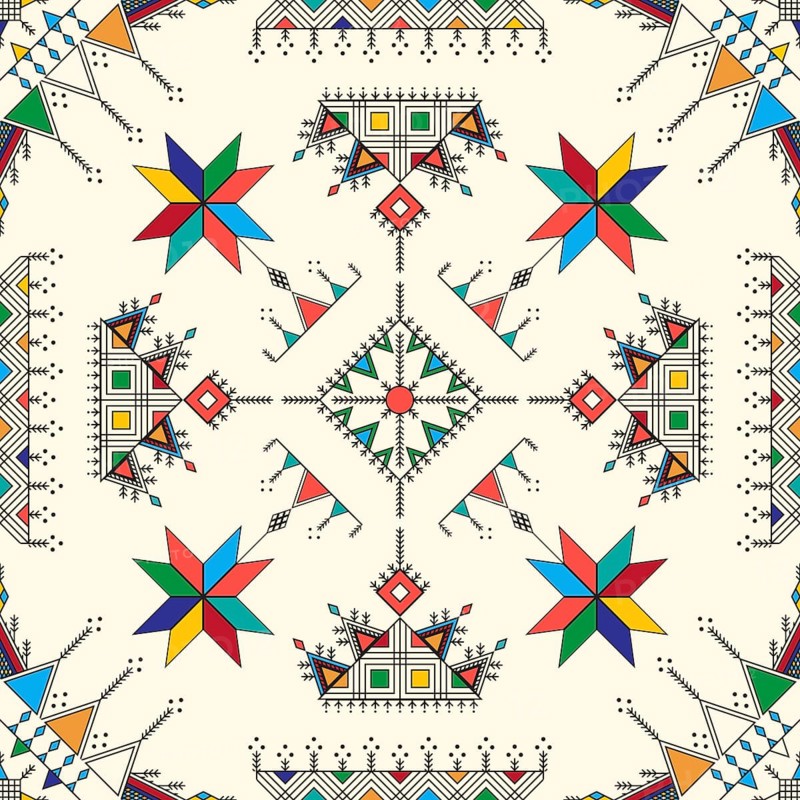 Decorative geometric repeating pattern inspired by Al-Qatt Al-Asiri traditional paintings