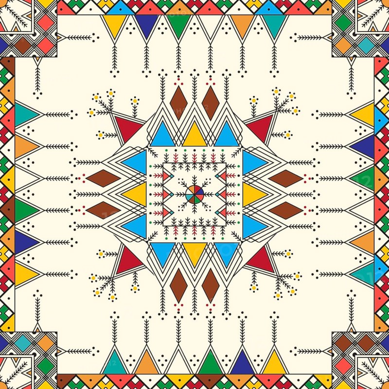 Decorative geometric repeating pattern inspired by Al-Qatt Al-Asiri traditional paintings