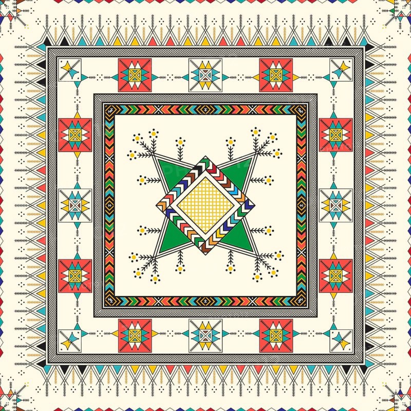 Decorative geometric repeating pattern inspired by Al-Qatt Al-Asiri traditional paintings