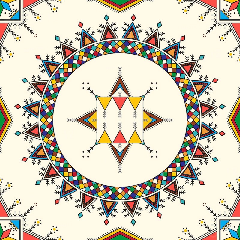Decorative geometric repeating pattern inspired by Al-Qatt Al-Asiri traditional paintings