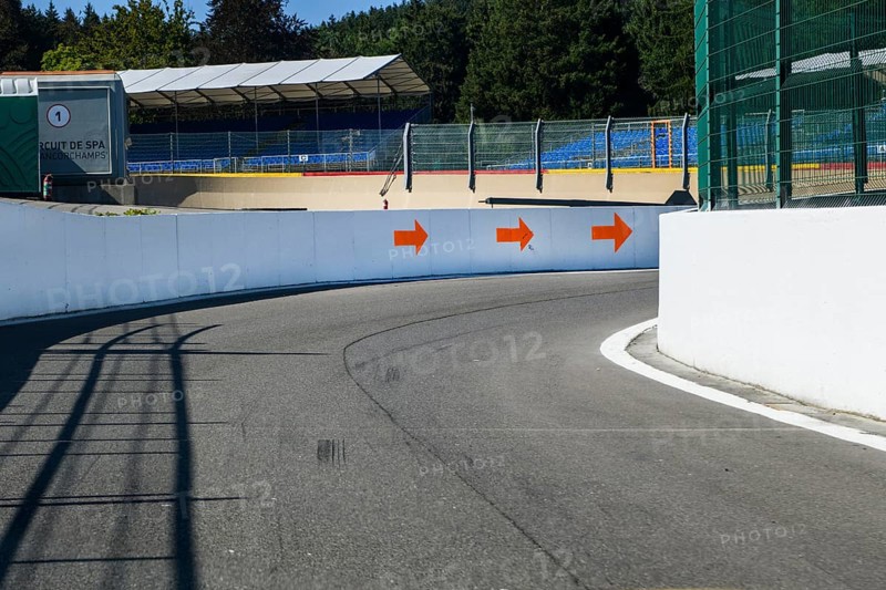View from racer's perspective of start of turn from Pit Lane Exit of FIA Formula 1 Circuit