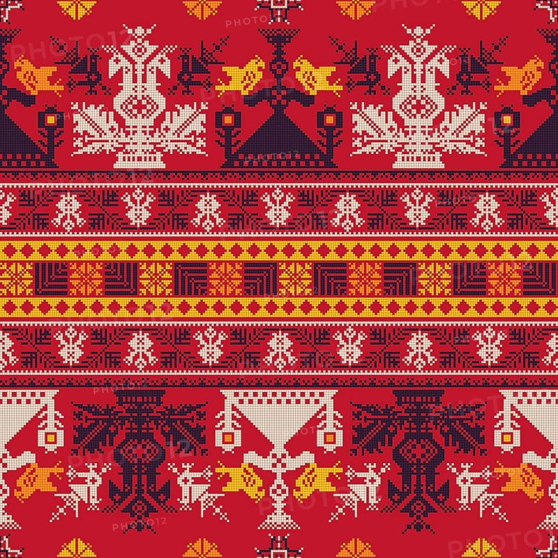 Decorative repeating pattern inspired by traditional Russian embroidery