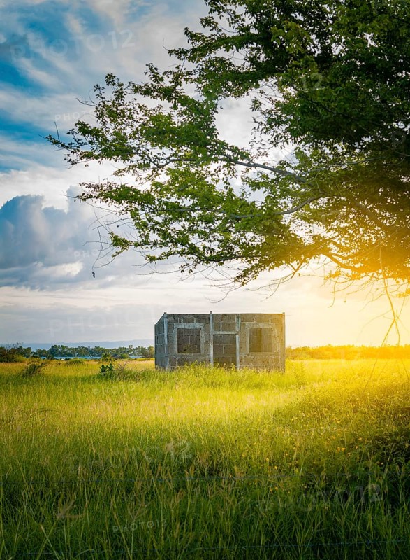 An abandoned house in the field at sunset