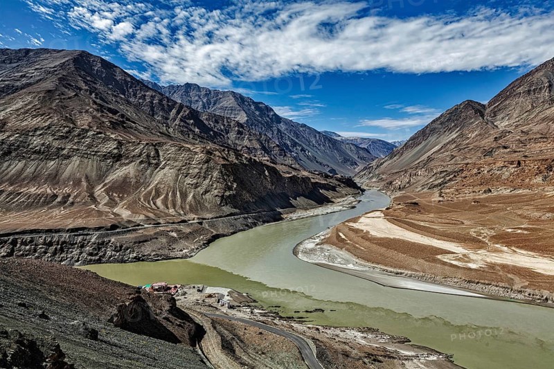 Confluence of Indus and Zanskar Rivers in Himalayas. Indus valley