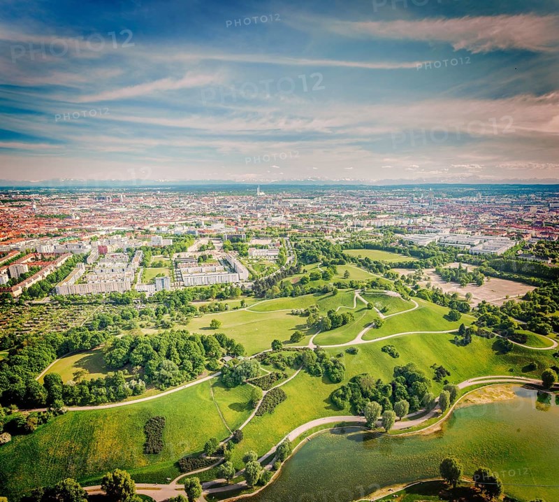 Vintage retro hipster style travel image of aerial view of Olympiapark and Munich from Olympiaturm