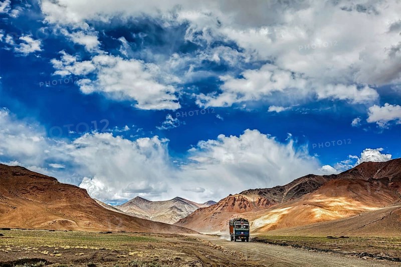 Indian lorry on Trans-Himalayan Manali-Leh highway in Himalayas. Ladakh