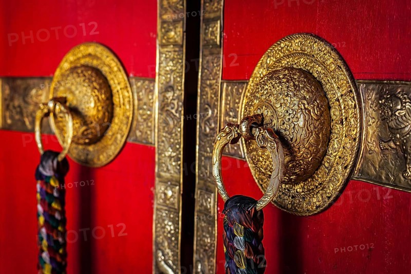 Decorated door handles of Kee gompa Tibetan Buddhist monastery. Ki