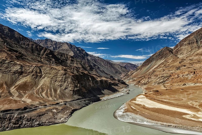 Confluence of Indus and Zanskar Rivers in Himalayas. Indus valley