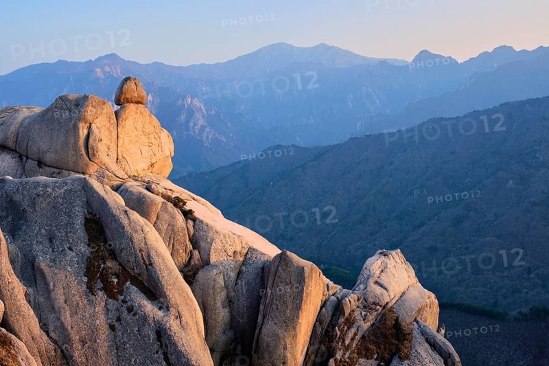 View of stones and rock formations from Ulsanbawi rock peak on sunset. Seoraksan National Park