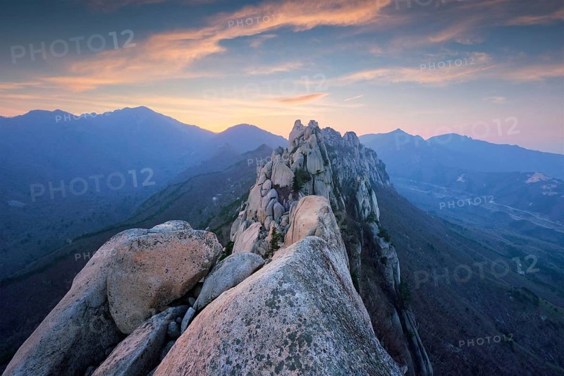 View of stones and rock formations from Ulsanbawi rock peak on sunset. Seoraksan National Park