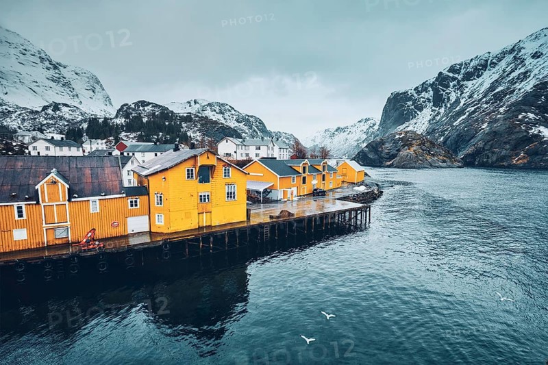 Panorama of Nusfjord authentic fishing village with yellow rorbu houses in Norwegian fjord in winter. Lofoten islands