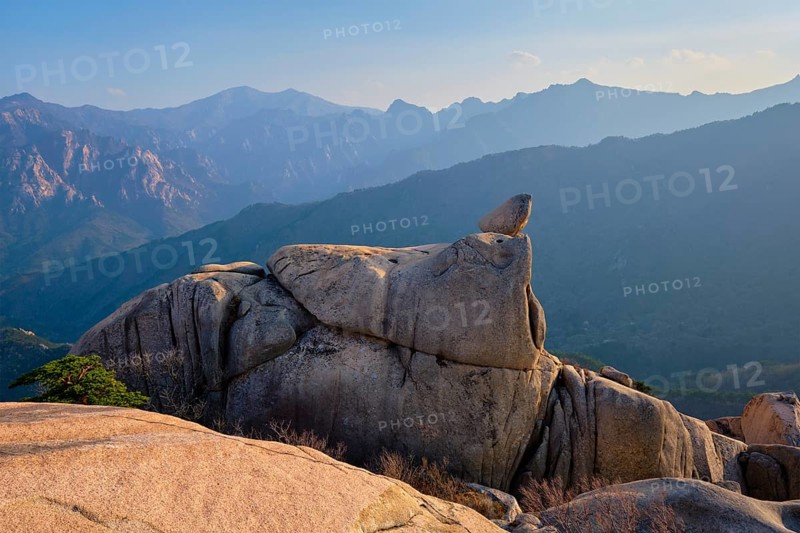 View of stones and rock formations from Ulsanbawi rock peak on sunset. Seoraksan National Park