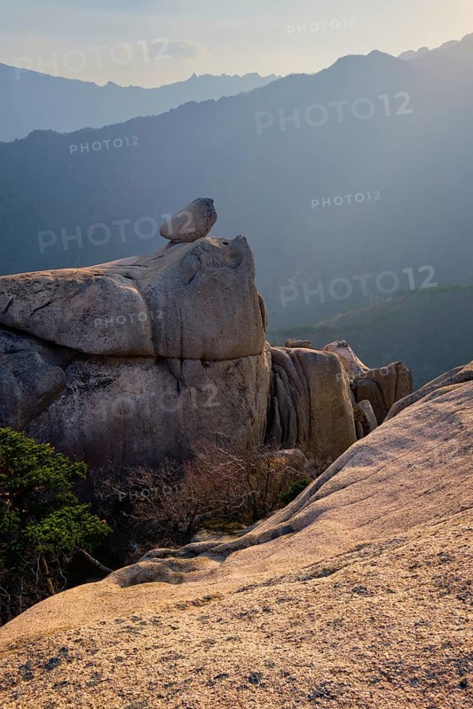 View of stones and rock formations from Ulsanbawi rock peak on sunset. Seoraksan National Park