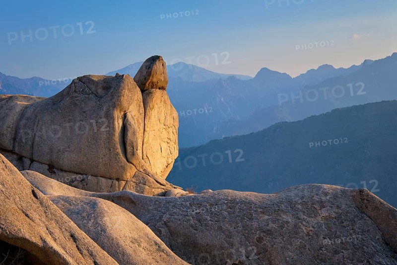 View of stones and rock formations from Ulsanbawi rock peak on sunset. Seoraksan National Park