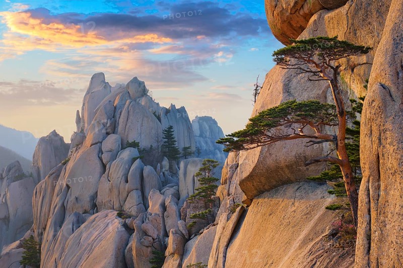 View of stones and rock formations from Ulsanbawi rock peak on sunset. Seoraksan National Park